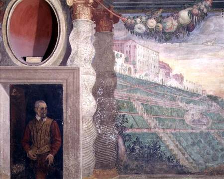The main salon, detail of decoration depicting the Villa d'Este and a man in a doorway von Livio Agresti