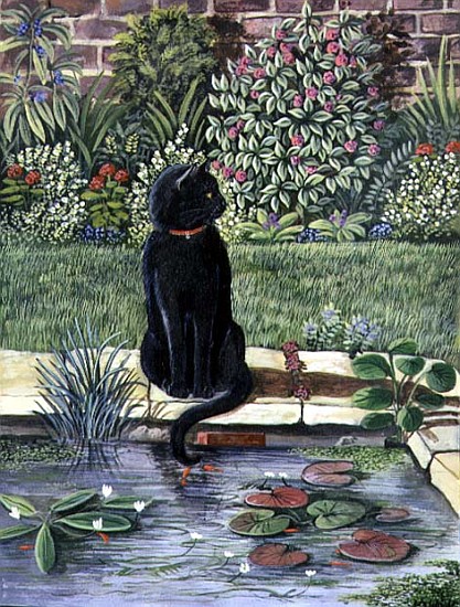Black cat by a pond, 1983 (gouache)  von Liz  Wright