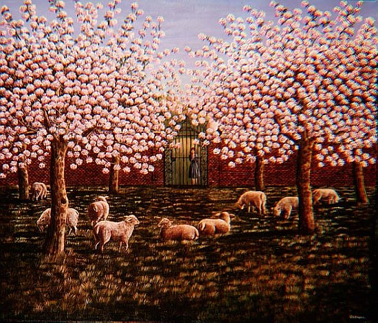 Sheep in the Orchard, 1987  von Liz  Wright