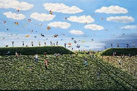 Kite Festival on Eggardon Hill, Dorset, 2007 (oil on canvas) 