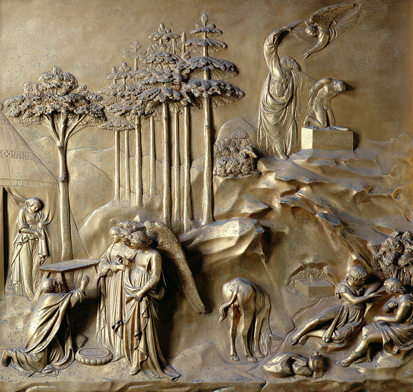 The Story of Isaac: Angels Prophesy the Birth of Isaac and the Angel staying Abraham's Sword, one of von Lorenzo Ghiberti