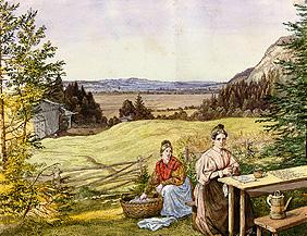 Blick über eine Hügellandschaft mit zwei Frauen an einem Tisch. 1831/32