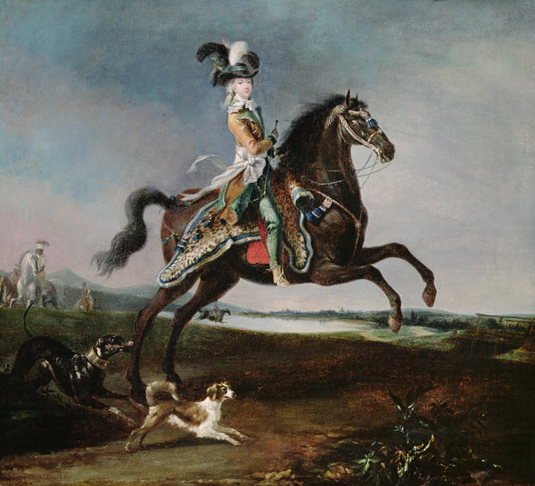 Equestrian portrait of Marie Antoinette in hunting attire von Louis Auguste Brun or Brun de Versoix