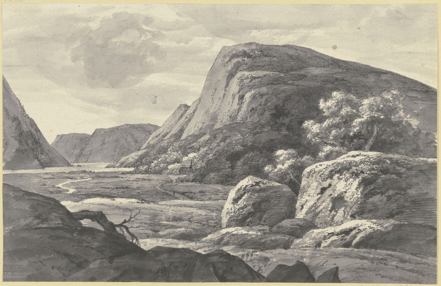 Flusstal mit Kapelle und Wanderer von Louis Gurlitt