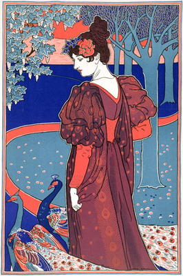 Woman with Peacocks, from 'L'Estampe Moderne', published Paris 1897-99 (colour litho) von Louis John Rhead