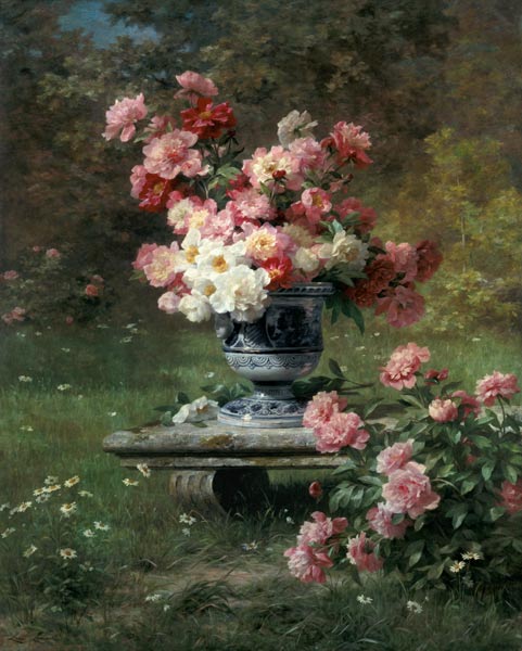 Vase mit Pfingstrosen in einem Garten von Louis Marie Lemaire
