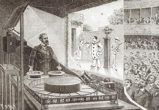 The ''Theatre Optique'' and its inventor Emile Reynaud (1844-1918) with a scene from ''Pauvre Pierro von Louis Poyet