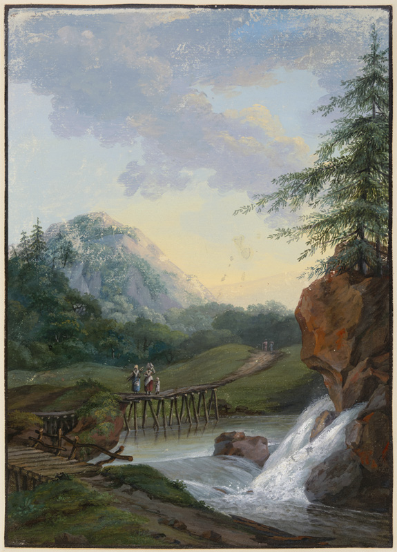 Landschaft mit einem Wasserfall und einem Steg, auf dem zwei Frauen und ein Kind gehen von Louise van Panhuys
