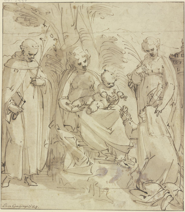 Madonna unter einem Baum zwischen zwei Heiligen, eine kniende Nonne hält dem Jesuskind ein Herz entg von Luca Cambiaso