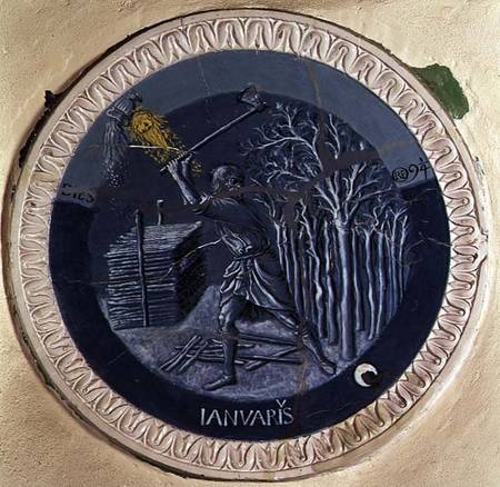 Enamelled terracotta roundel 'The Labours of the Month' (January) von Luca  della Robbia