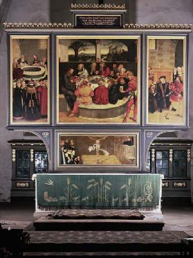 Altar with a Triptych depicting: left panel, Philipp Melanchthon (1497-1560) performing a baptism as