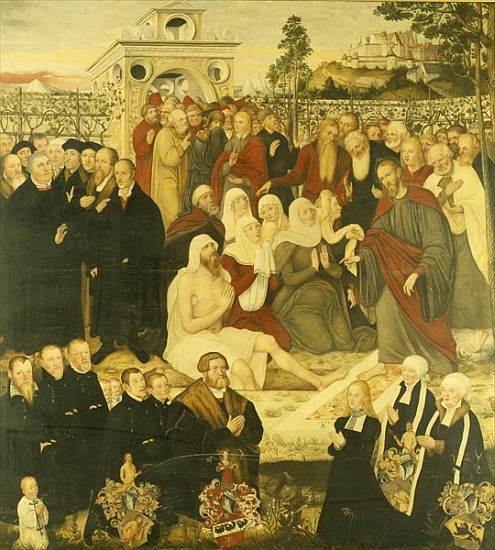 Reformers'' group at a miracle (see also 308463) von Lucas Cranach d.J. (Schule oder Umfeld)