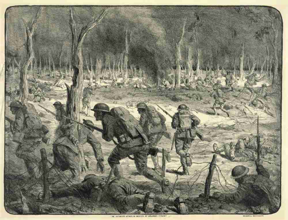 Ein Angriff der Infanterie im Wald an der Argonnenfront, veröffentlicht 1927 von Lucien Hector Jonas