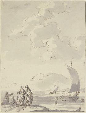 Strand, vorne links ein Herr und eine Dame, daneben drei andere Figuren, rechts drei Segelboote