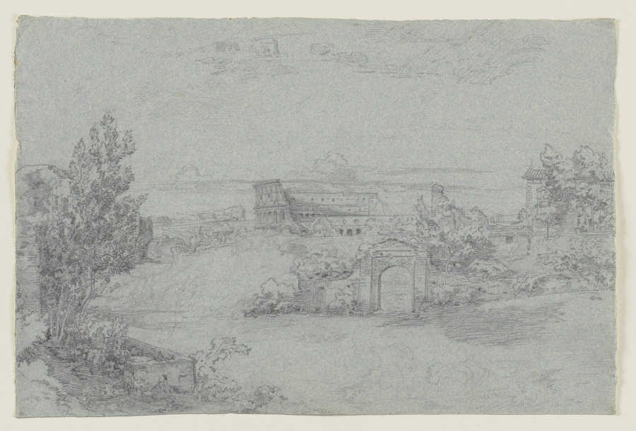 Landschaft mit Gebäuden und Ruinen, darunter der eines Amphitheaters von Ludwig Metz