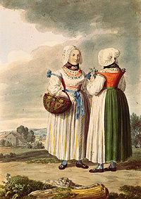 Trachtenstudie: Zwei Bäuerinnen aus der Gegend von Aichach/Schrobenhausen von Ludwig Neureuther