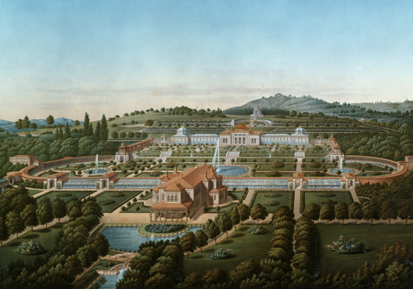 Stuttgart, Wilhelma, Vogelschau 1855 von Ludwig Wilhelm von Zanth