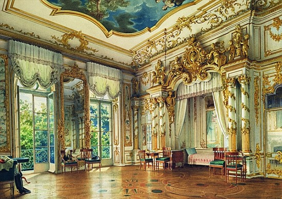 Bedroom of Tsar Alexander I in the Alexander Palace, Tsarskoye Selo, 1855 (w/c & white colour on pap von Luigi (Ludwig Osipovich) Premazzi