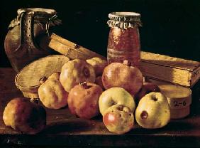 Still Life with Pomegranates, Apples, a Pot of Jam and a Stone Pot