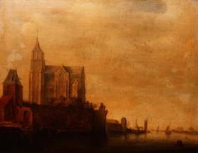 Groote Kerk with a View of the Main Tower, Emmerich in a River Landscape with Sailing Boats