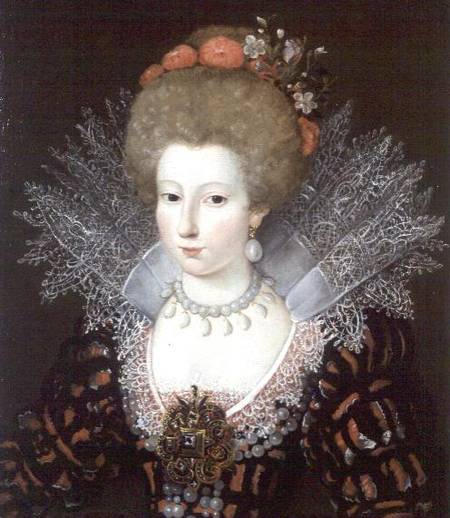 Portrait of a lady in a high lace collar and jewelled silk costume von Marguerite Bunel
