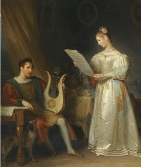 Interieur mit einem Mann mit Lyra und einer Frau mit Partitur