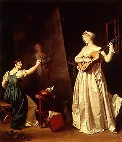 Malerin beim Portraitieren einer Lautenspielerin von Marguerite Gérard