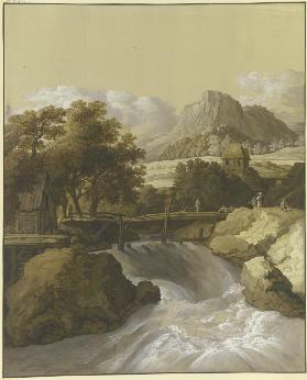 Ein reißender Bach mit einer Brücke und Blick in ein Tal