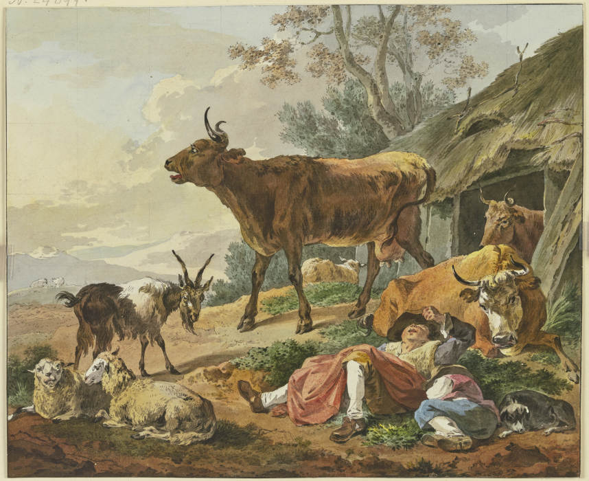 Rechts ein Stall, aus welchem zwei Kühe kommen, davor zwei schlafende Hirten mit ihrem Hund und eine von Marquard Wocher