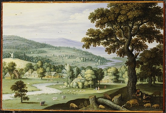 A river valley with a swineherd resting under a tree in the foreground, a hamlet beyond von Marten Ryckaert
