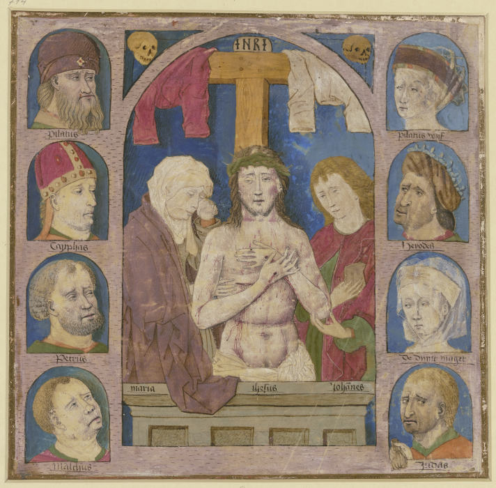 Christus als Schmerzensmann zwischen Maria und Johannes, rechts und links je vier Köpfe von am Passi von Martin Schongauer
