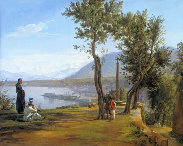Figuren in einer Landschaft mit einer Bildsäule und einem Hafen im Hintergrund von Martinus Roerbye