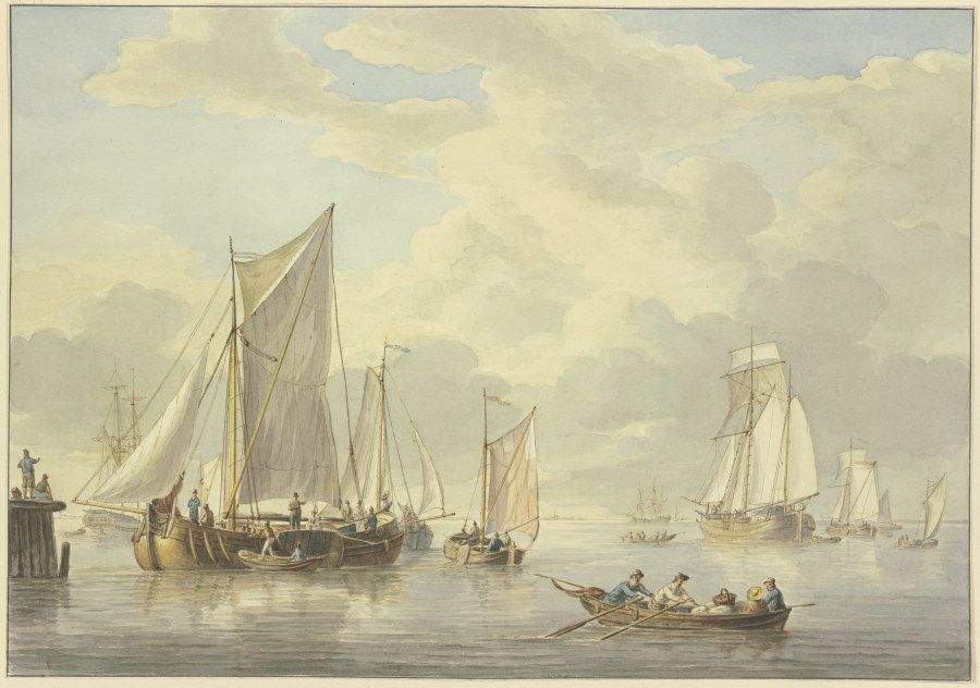 Ruhige See mit vielen Schiffen, vorne ein Boot mit drei Ruderern und einer Frau von Martinus Schouman