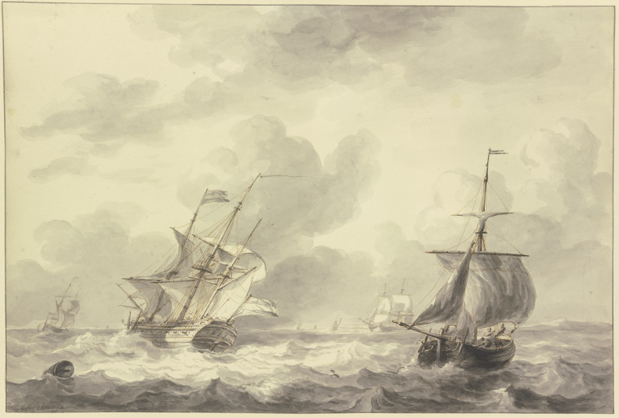 Zwei Schiffe auf bewegter See, links eine Tonne von Martinus Schouman