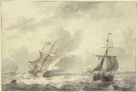 Zwei Schiffe auf bewegter See, links eine Tonne