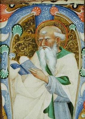 Historiated initial 'M' depicting a bearded saint with a book (vellum) 1922