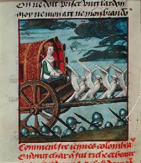 Harl 4425 f.138v Venus comes to the rescue on a chariot drawn by six white doves, Bruges c. 1487-95