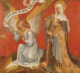 Panel from a diptych depicting the Angel of the Annunciation, the Donor and a Female Saint, possibly c.1420