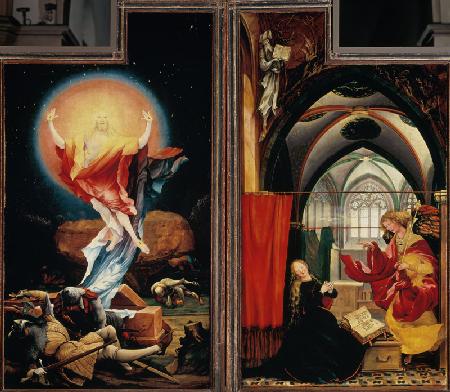Isenheimer Altar Zweite Schauseite, rechte und linke Tafel: Auferstehung Christi, Verkündigung Maria