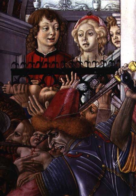 The Massacre of the Innocents, detail of two onlookers observing the carnage from the palace von Matteo  di Giovanni di Bartolo