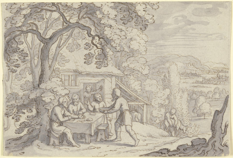Abraham bewirtet die drei Engel unter einem Baum vor seinem Haus von Matthäus Merian d. Ä.