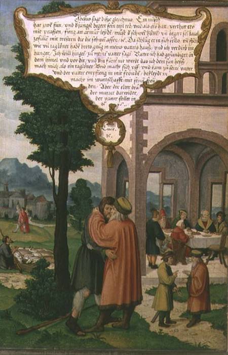 The Parable of the Prodigal Son, section from the Mompelgarter Altarpiece von Matthias Gerung or Gerou