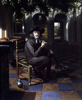 Gentleman smoking in a shaded courtyard 1690