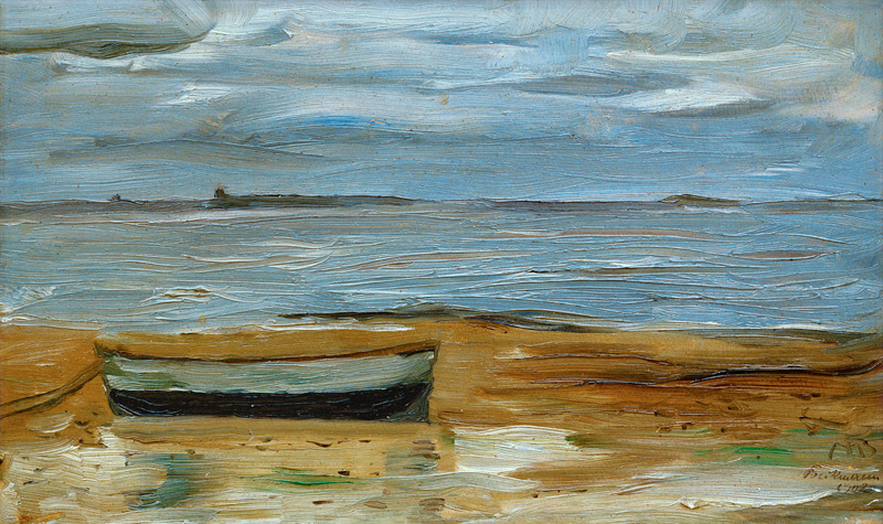 Strand mit grauem Kahn und grauem Meer von Max Beckmann