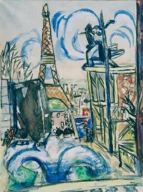 Blick auf das im Bau befindliche Weltausstellungsgelände mit dem Eiffelturm 1936