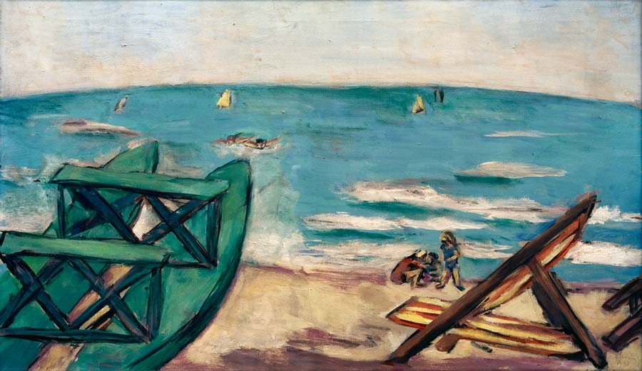 Strand mit Boot und Liegestuhl von Max Beckmann