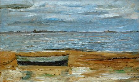 Strand mit grauem Kahn und grauem Meer 1902