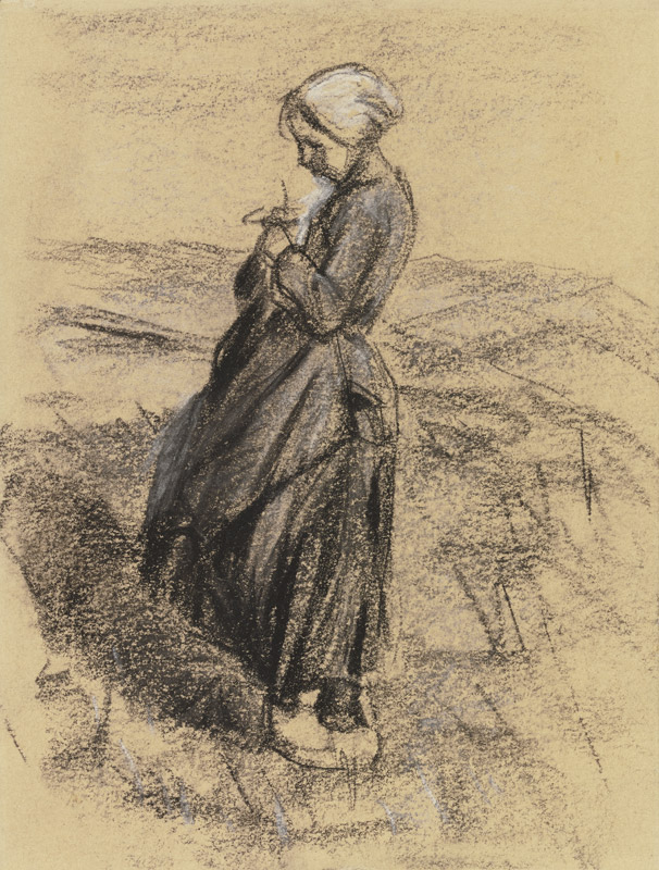 Mädchen auf dem Felde, strickend von Max Liebermann