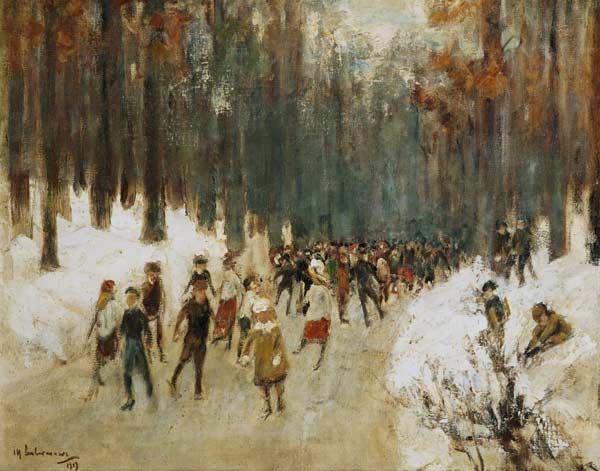 Schlittschuhläufer auf dem zugefrorenen See im Berliner Tiergarten von Max Liebermann