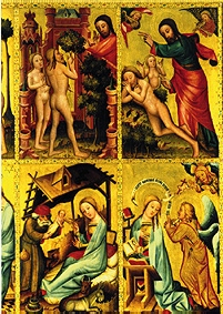 Altar von St. Petri Hamburg (Grabower Altar), Erschaffung d. Eva,Bum d. Erkenntnis,Verkündigung,Gebu von Meister Bertram